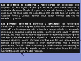 Las sociedades de cazadores y recolectores: son sociedades que
disponen de tecnologías simples que les sirven para cazar animales y
recolectar alimentos. Desde el origen de la especie humana y hasta hace
unos doce mil años todas las sociedades eran de este tipo. En zonas de
Australia, África y Canadá, algunas tribus siguen teniendo este tipo de
sociedad hoy en día.
Las primeras sociedades agrícolas y ganaderas: las tecnologías
transformaron muchas antiguas sociedades de cazadores y recolectores. Se
desarrolló una tecnología agrícola rudimentaria que permitía la producción de
alimentos a pequeña escala (la azada, utensilios para cavar y plantar
semillas). No todas las sociedades adoptaron estas tecnologías nuevas por lo
que algunas de ellas se dedicaron al pastoreo. Las sociedades dedicadas al
pastoreo siguieron siendo nómadas mientras que las que adoptaron las
técnicas agrícolas comenzaron a crear asentamientos más o menos
permanentes. También hubo sociedades que combinaron las dos tecnologías
y empezaron a obtener la mayoría de sus recursos alimentarios del cultivo
rudimentario de la tierra y de los rebaños.
 