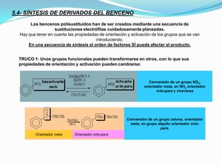 5.4- SÍNTESIS DE DERIVADOS DEL BENCENO
Los bencenos polisustituídos han de ser creados mediante una secuencia de
sustituciones electrófilas cuidadosamente planeadas.
Hay que tener en cuenta las propiedades de orientación y activación de los grupos que se van
introduciendo.
En una secuencia de síntesis el orden de factores SÍ puede afectar el producto.
TRUCO 1: Unos grupos funcionales pueden transformarse en otros, con lo que sus
propiedades de orientación y activación pueden cambiarse:
Conversión de un grupo NO2,
orientador meta, en NH2 orientador
orto-para y viceversa
Conversión de un grupo cetona, orientador
meta, en grupo alquilo orientador orto-
para.
Orientador meta Orientador orto-para
 