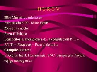 H U R G V 80% Miembros inferiores 75% de dia 6:00- 18:00 Horas 25% en la noche Para Clínicos: Leucocitosis, alteraciones de la coagulación P.T. – P.T.T. – Plaquetas – Parcial de orina Complicaciones: Infección local, Hemorragia, SNC, paraparesia flacida, vejiga neurogenica 