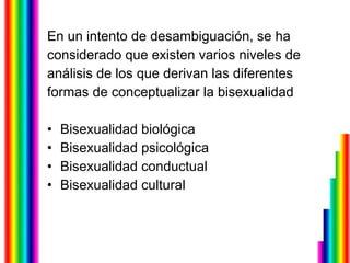 En un intento de desambiguación, se ha  considerado que existen varios niveles de  análisis de los que derivan las diferentes  formas de conceptualizar la bisexualidad Bisexualidad biológica  Bisexualidad psicológica  Bisexualidad conductual  Bisexualidad cultural                       