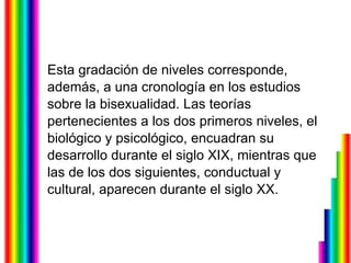 Esta gradación de niveles corresponde,  además, a una cronología en los estudios  sobre la bisexualidad. Las teorías  pertenecientes a los dos primeros niveles, el  biológico y psicológico, encuadran su  desarrollo durante el siglo XIX, mientras que  las de los dos siguientes, conductual y  cultural, aparecen durante el siglo XX. 