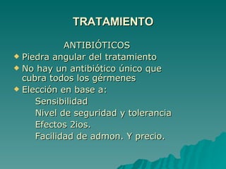 TRATAMIENTO ANTIBIÓTICOS Piedra angular del tratamiento No hay un antibiótico único que cubra todos los gérmenes Elección en base a: Sensibilidad Nivel de seguridad y tolerancia Efectos 2ios.  Facilidad de admon. Y precio. 