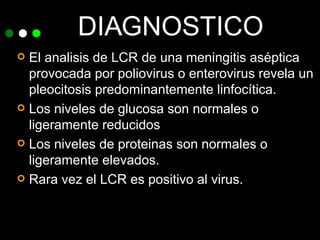 DIAGNOSTICO El analisis de LCR de una meningitis aséptica provocada por poliovirus o enterovirus revela un pleocitosis predominantemente linfocítica. Los niveles de glucosa son normales o ligeramente reducidos Los niveles de proteinas son normales o ligeramente elevados. Rara vez el LCR es positivo al virus. 