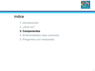 7
índice
1. Introducción
2. ¿Qué es?
3. Componentes
4. Enfermedades más comunes
5. Preguntas con respuesta
 