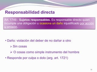 Responsabilidad directa
11
Art. 1749.- Sujetos responsables. Es responsable directo quien
incumple una obligación u ocasiona un daño injustificado por acción
u omisión.
• Daño: violación del deber de no dañar a otro
 Sin cosas
 O cosas como simple instrumento del hombre
• Responde por culpa o dolo (arg. art. 1721)
 