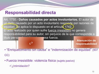 Responsabilidad directa
13
Art. 1750.- Daños causados por actos involuntarios. El autor de
un daño causado por un acto involuntario responde por razones de
equidad. Se aplica lo dispuesto en el artículo 1742.
El acto realizado por quien sufre fuerza irresistible no genera
responsabilidad para su autor, sin perjuicio de la que corresponde a
título personal a quien ejerce esa fuerza.
Atenuación de
responsabilidad
• “Enriquecimiento sin causa” e “indemnización de equidad” (907
CC)
• Fuerza irresistible: violencia física (sujeto pasivo)
¿Intimidación?
¿?
 