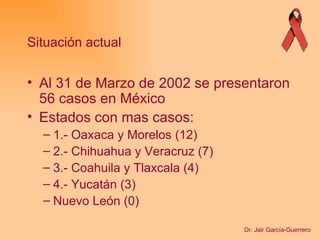 Al 31 de Marzo de 2002 se presentaron 56 casos en México Estados con mas casos: 1.- Oaxaca y Morelos (12) 2.- Chihuahua y Veracruz (7) 3.- Coahuila y Tlaxcala (4) 4.- Yucatán (3) Nuevo León (0) Situación actual Dr. Jair García-Guerrero 