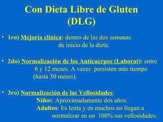 Con Dieta Libre de Gluten 
(DLG) 
• 1ro) Mejoría clínica: dentro de las dos semanas 
de inicio de la dieta. 
• 2do) Normalización de los Anticuerpos (Laborat): entre 
6 y 12 meses. A veces persisten más tiempo 
(hasta 30 meses). 
• 3ro) Normalización de las Vellosidades: 
Niños: Aproximadamente dos años. 
Adultos: Es lenta y en muchos no llegan a 
normalizar en un 100% sus vellosidades. 
 