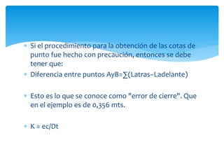  Si el procedimiento para la obtención de las cotas de
punto fue hecho con precaución, entonces se debe
tener que:
 Diferencia entre puntos AyB=∑(Latras−Ladelante)
 Esto es lo que se conoce como "error de cierre". Que
en el ejemplo es de 0,356 mts.
 K = ec/Dt
 