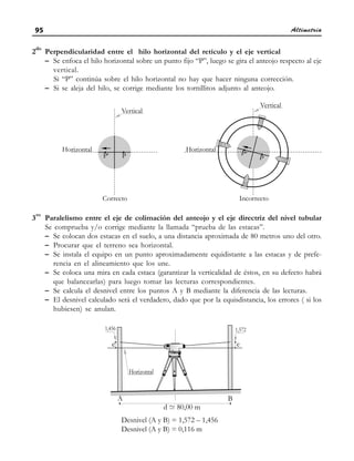 Altimetría
95
2
do
Perpendicularidad entre el hilo horizontal del retículo y el eje vertical
– Se enfoca el hilo horizontal sobre un punto fijo “P”, luego se gira el anteojo respecto al eje
vertical.
Si “P” continúa sobre el hilo horizontal no hay que hacer ninguna corrección.
– Si se aleja del hilo, se corrige mediante los tornillitos adjunto al anteojo.
3
ro
Paralelismo entre el eje de colimación del anteojo y el eje directriz del nivel tubular
Se comprueba y/o corrige mediante la llamada “prueba de las estacas”.
– Se colocan dos estacas en el suelo, a una distancia aproximada de 80 metros uno del otro.
– Procurar que el terreno sea horizontal.
– Se instala el equipo en un punto aproximadamente equidistante a las estacas y de prefe-
rencia en el alineamiento que los une.
– Se coloca una mira en cada estaca (garantizar la verticalidad de éstos, en su defecto habrá
que balancearlas) para luego tomar las lecturas correspondientes.
– Se calcula el desnivel entre los puntos A y B mediante la diferencia de las lecturas.
– El desnivel calculado será el verdadero, dado que por la equisdistancia, los errores ( si los
hubiesen) se anulan.
Desnivel (A y B) = 1,572 – 1,456
Desnivel (A y B) = 0,116 m
 