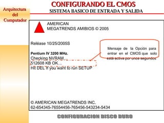 Arquitectura  del Computador CONFIGURANDO EL CMOS SISTEMA BASICO DE ENTRADA Y SALIDA AMERICAN MEGATRENDS AMIBIOS © 2005  Reléase 10/25/2005S Mensaje  de  la  Opción  para Pentium IV 3200 MHz.   entrar  en  el  CMOS que   solo Checking NVRAM…  está activa por unos segundos 512608 KB OK… Hit DEL If you want to run SETUP © AMERICAN MEGATRENDS INC. 62-654345-76554456-765456-543234-5434 CONFIGURACION DISCO DURO 