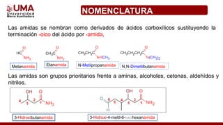 Las amidas se nombran como derivados de ácidos carboxílicos sustituyendo la
terminación -oico del ácido por -amida.
NOMENCLATURA
Las amidas son grupos prioritarios frente a aminas, alcoholes, cetonas, aldehídos y
nitrilos.
N-Metilpropanamida N,N-Dimetilbutanamida
Etanamida
Metanamida
3-Hidroxibutanamida 3-Hidroxi-4-metil-6-oxohexanamida
 