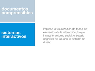 documentos
comprensibles
sistemas
interactivos
implican la visualización de todos los
elementos de la interacción, lo que
incluye el entorno social, el estado
cognitivo del usuario, el sistema de
diseño
 
