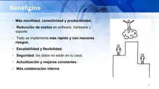 • Más movilidad, conectividad y productividad.
• Reducción de costos en software, hardware y
soporte.
• Todo se implementa más rápido y con menores
riesgos.
• Escalabilidad y flexibilidad.
• Seguridad: los datos no están en tu casa.
• Actualización y mejoras constantes.
• Más colaboración interna.
6
Beneficios
 