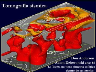 Tomografía sísmica




                                  Don Anderson
                          Adam Dziewonski años 80
                     La Tierra no tiene simetría esférica
                                  dentro de su interior.
 