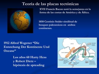 Teoría de las placas tectónicas
                      XVII Francis Bacon notó la semejanza en la
                      forma de las costas de América y de África.


                      1858 Centinio Snider similitud de
                      bosques paleozoicos en ambos
                      continenes.




1912 Alfred Wegener “Die
Entstehung Der Kontinente Und
Ozeane”
     Los años 60 Harry Hess
     y Robert Dietz –
     hipótesis de spreading
 