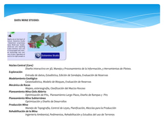 DATA MINE STUDIO:




Núcleo Central (Core)
              Diseño interactivo en 3D, Manejo y Procesamiento de la Información, y Herramientas de Ploteo.
Exploración
              Entrada de datos, Estadística, Edición de Sondajes, Evaluación de Reservas
Modelamiento Geológico
              Geoestadística, Modelo de Bloques, Evaluación de Reservas
Mecánica de Rocas
              Mapeo, estereografía, Clasificación del Macizo Rocoso
Planeamiento Mina Cielo Abierto
              Optimización de Pits, Planeamiento Largo Plazo, Diseño de Rampas y Pits
Planeamiento Mina Subterránea
              Optimización y Diseño de Desarrollos
Producción Mina
              Manejo de Topografía, Control de Leyes, Planificación, Mezclas para la Producción
Rehabilitación de la Mina
              Ingeniería Ambiental, Pedimentos, Rehabilitación y Estudios del uso de Terrenos
 