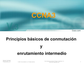 1© 2004, Cisco Systems, Inc. All rights reserved.
Session Number
Presentation_ID
Cisco Networking Academy Program, Guatemala, C.A.
http://cisco.mayanearth.com
CCNA3
Principios básicos de conmutación
y
enrutamiento intermedio
 