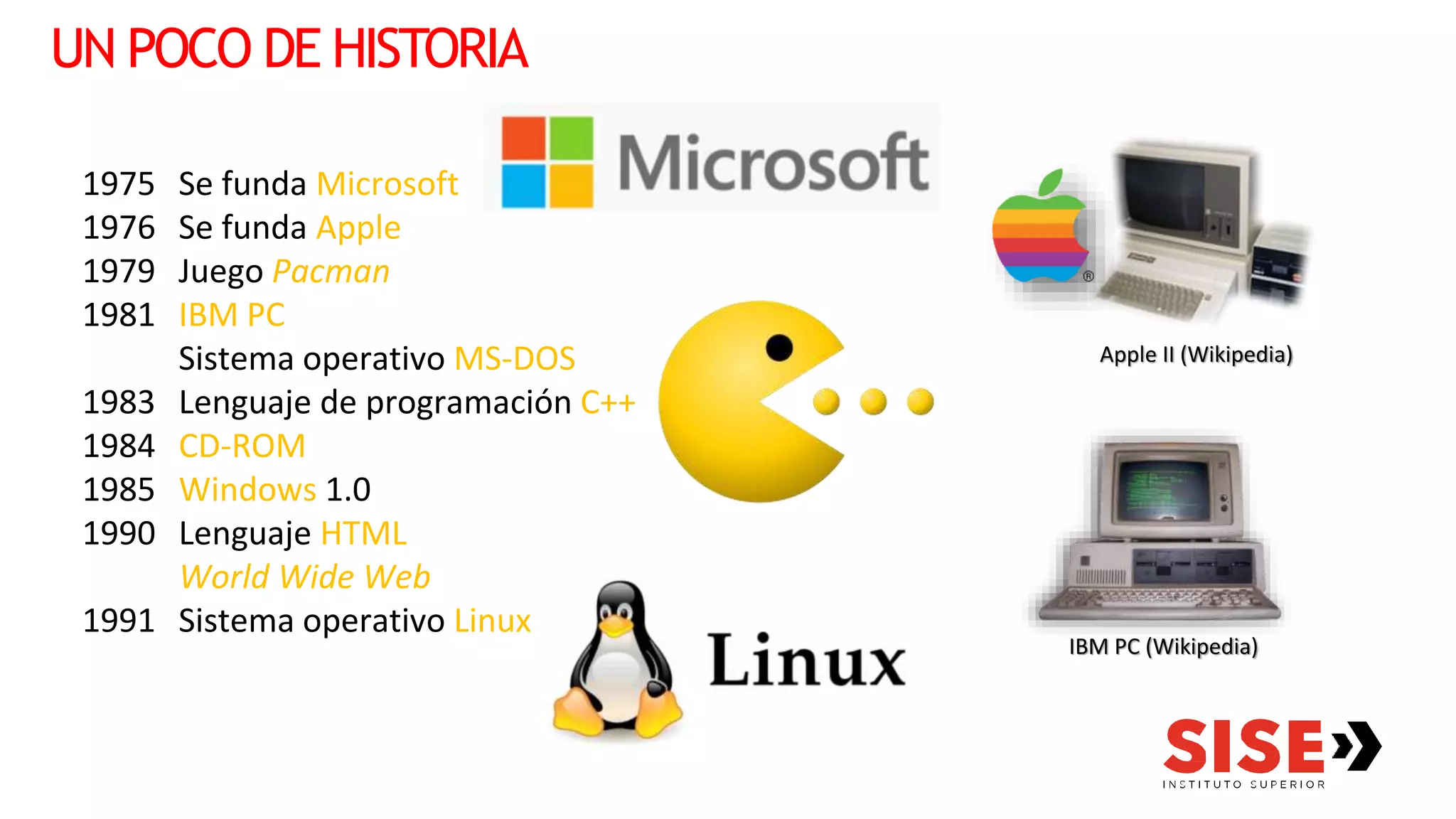 UN POCO DE HISTORIA
1975 Se funda Microsoft
1976 Se funda Apple
1979 Juego Pacman
1981 IBM PC
Sistema operativo MS-DOS
1983 Lenguaje de programación C++
1984 CD-ROM
1985 Windows 1.0
1990 Lenguaje HTML
World Wide Web
1991 Sistema operativo Linux
Apple II (Wikipedia)
IBM PC (Wikipedia)
 