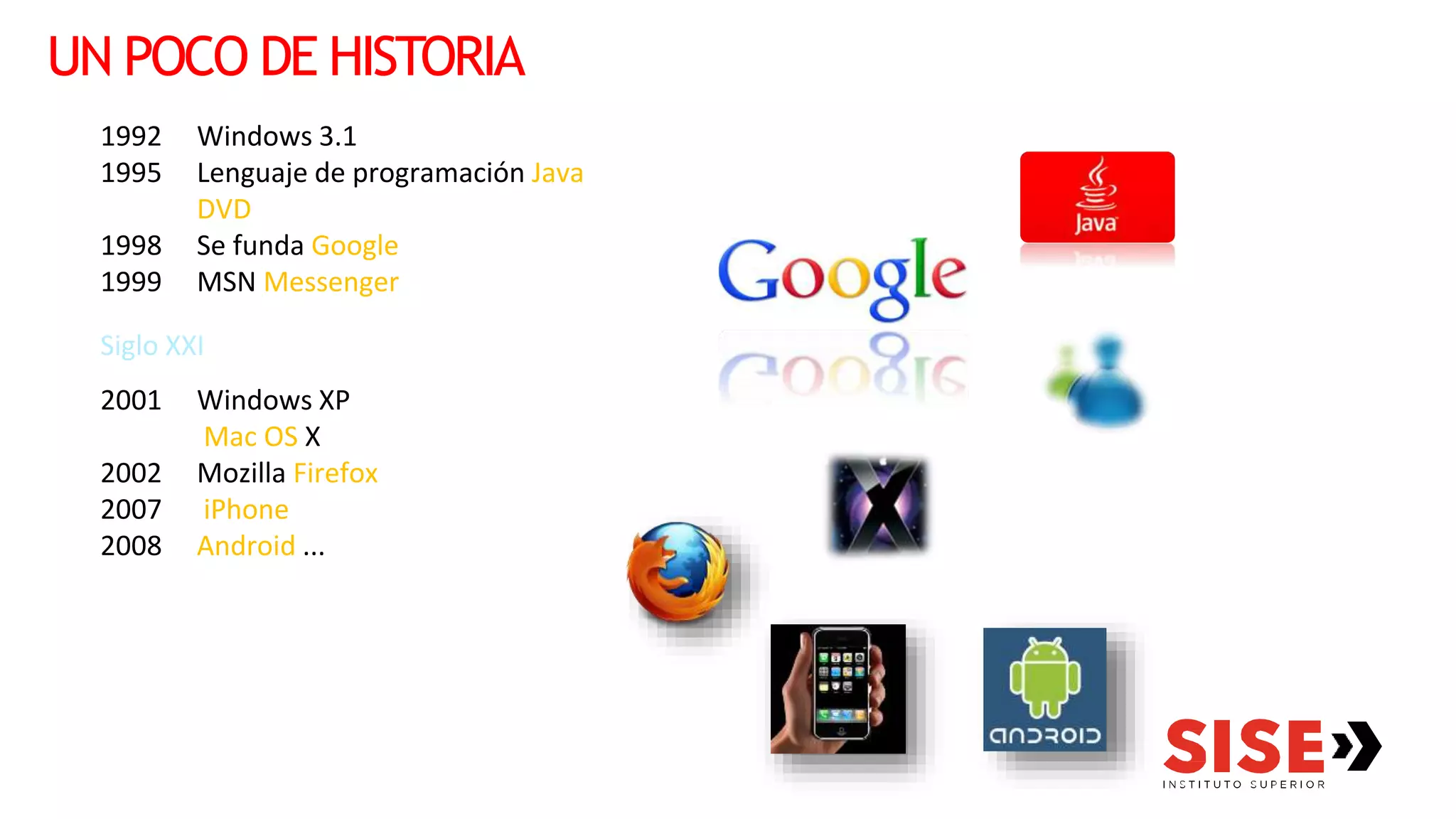 UN POCO DE HISTORIA
1992 Windows 3.1
1995 Lenguaje de programación Java
DVD
1998 Se funda Google
1999 MSN Messenger
Siglo XXI
2001 Windows XP
Mac OS X
2002 Mozilla Firefox
2007 iPhone
2008 Android ...
 