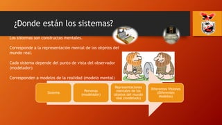 ¿Donde están los sistemas?
Los sistemas son constructos mentales.
Corresponde a la representación mental de los objetos del
mundo real.
Cada sistema depende del punto de vista del observador
(modelador)
Corresponden a modelos de la realidad (modelo mental)
Sistema
Personas
(modelador)
Representaciones
mentales de los
objetos del mundo
real (modelado)
Diferentes Visiones
(Diferentes
Modelos)
 