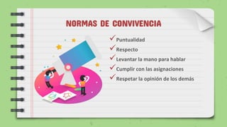 NORMAS DE CONVIVENCIA
Puntualidad
Respecto
Levantar la mano para hablar
Cumplir con las asignaciones
Respetar la opinión de los demás
 