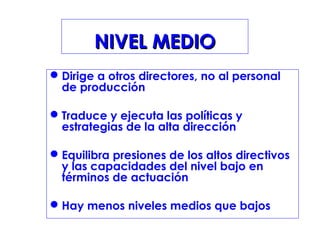 NIVEL MEDIONIVEL MEDIO
Dirige a otros directores, no al personal
de producción
Traduce y ejecuta las políticas y
estrate...