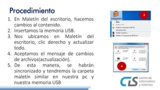 1. En Maletín del escritorio, hacemos
cambios al contenido.
2. Insertamos la memoria USB.
3. Nos ubicamos en Maletín del
escritorio, clic derecho y actualizar
todo.
4. Aceptamos el mensaje de cambios
de archivos(actualización).
5. De esta manera, se habrán
sincronizado y tendremos la carpeta
maletín similar en nuestra pc y
nuestra memoria USB
Procedimiento 3
4
 