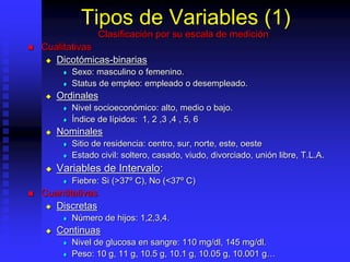 Tipos de Variables (1)
Clasificación por su escala de medición
 Cualitativas
 Dicotómicas-binarias
 Sexo: masculino o femenino.
 Status de empleo: empleado o desempleado.
 Ordinales
 Nivel socioeconómico: alto, medio o bajo.
 Índice de lípidos: 1, 2 ,3 ,4 , 5, 6
 Nominales
 Sitio de residencia: centro, sur, norte, este, oeste
 Estado civil: soltero, casado, viudo, divorciado, unión libre, T.L.A.
 Variables de Intervalo:
 Fiebre: Si (>37º C), No (<37º C)
 Cuantitativas
 Discretas
 Número de hijos: 1,2,3,4.
 Continuas
 Nivel de glucosa en sangre: 110 mg/dl, 145 mg/dl.
 Peso: 10 g, 11 g, 10.5 g, 10.1 g, 10.05 g, 10.001 g…
 