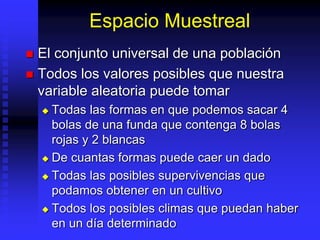 Espacio Muestreal
 El conjunto universal de una población
 Todos los valores posibles que nuestra
variable aleatoria puede tomar
 Todas las formas en que podemos sacar 4
bolas de una funda que contenga 8 bolas
rojas y 2 blancas
 De cuantas formas puede caer un dado
 Todas las posibles supervivencias que
podamos obtener en un cultivo
 Todos los posibles climas que puedan haber
en un día determinado
 