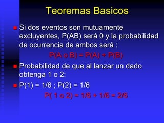 Teoremas Basicos
 Si dos eventos son mutuamente
excluyentes, P(AB) será 0 y la probabilidad
de ocurrencia de ambos será :
P(A o B) = P(A) + P(B)
 Probabilidad de que al lanzar un dado
obtenga 1 o 2:
 P(1) = 1/6 ; P(2) = 1/6
P( 1 o 2) = 1/6 + 1/6 = 2/6
 