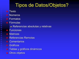 Tipos de Datos/Objetos?
 Texto
 Números
 Formatos
 Fórmulas
 Referencias absolutas y relativas
 Funciones
 Matrices
 Referencias Remotas
 Comentarios
 Gráficos
 Tablas y gráficos dinámicos
 Otros objetos
 