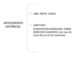 • 1966 PIDCP/ PIDESC


ANTECEDENTES
               • 1969 CADH
 HISTÓRICOS
                 (CONVENCION AMERICANA SOBRE
                 DERECHOS HUMANOS ) San José de
                 Costa Rica el 22 de noviembre
 