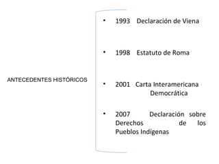 •   1993 Declaración de Viena



                          •   1998 Estatuto de Roma


ANTECEDENTES HISTÓRICOS
                          •   2001 Carta Interamericana
                                        Democrática

                          •   2007       Declaración sobre
                              Derechos             de  los
                              Pueblos Indígenas
 