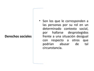 • Son los que le corresponden a
                      las personas por su rol en un
                      determinado contexto social,
                      por hallarse desprotegidos
Derechos sociales     frente a una situación desigual
                      con respecto a otros que
                      podrían     abusar    de    tal
                      circunstancia.
 