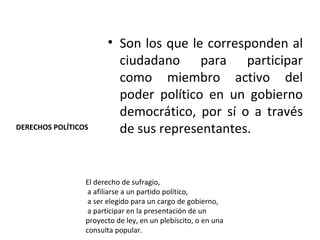 • Son los que le corresponden al
                         ciudadano para participar
                         como miembro activo del
                         poder político en un gobierno
                         democrático, por sí o a través
DERECHOS POLÍTICOS       de sus representantes.


                 El derecho de sufragio,
                  a afiliarse a un partido político,
                  a ser elegido para un cargo de gobierno,
                  a participar en la presentación de un
                 proyecto de ley, en un plebiscito, o en una
                 consulta popular.
 