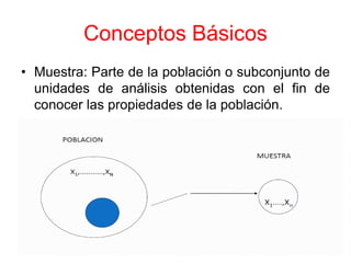 Conceptos Básicos
• Muestra: Parte de la población o subconjunto de
  unidades de análisis obtenidas con el fin de
  conocer las propiedades de la población.
 