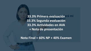 ¿Cómo se calculará mi
promedio?
33.3% Primera evaluación
33.3% Segunda evaluación
33.3% Actividades en AVA
= Nota de presentación
Nota Final = 60% NP + 40% Examen
 