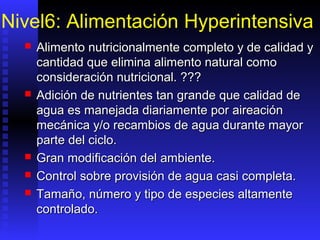 Nivel6: Alimentación Hyperintensiva
     Alimento nutricionalmente completo y de calidad y
      cantidad que elimina alimento natural como
      consideración nutricional. ???
     Adición de nutrientes tan grande que calidad de
      agua es manejada diariamente por aireación
      mecánica y/o recambios de agua durante mayor
      parte del ciclo.
     Gran modificación del ambiente.
     Control sobre provisión de agua casi completa.
     Tamaño, número y tipo de especies altamente
      controlado.
 