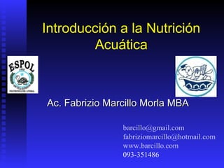 Introducción a la Nutrición
         Acuática



Ac. Fabrizio Marcillo Morla MBA

                barcillo@gmail.com
                fabriziomarcillo@hotmail.com
                www.barcillo.com
                093-351486
 