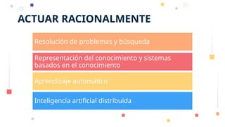 ACTUAR RACIONALMENTE
Resolución de problemas y búsqueda
Representación del conocimiento y sistemas
basados en el conocimiento
Aprendizaje automático
Inteligencia artificial distribuida
 