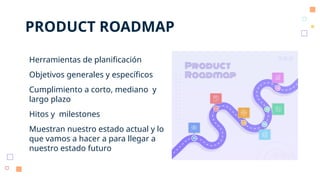 PRODUCT ROADMAP
Herramientas de planificación
Objetivos generales y específicos
Cumplimiento a corto, mediano y
largo plazo
Hitos y milestones
Muestran nuestro estado actual y lo
que vamos a hacer a para llegar a
nuestro estado futuro
 