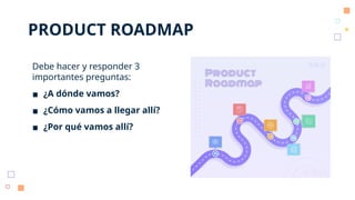 PRODUCT ROADMAP
Debe hacer y responder 3
importantes preguntas:
▪ ¿A dónde vamos?
▪ ¿Cómo vamos a llegar allí?
▪ ¿Por qué vamos allí?
 