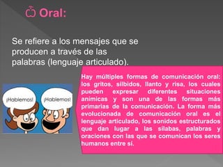 Se refiere a los mensajes que se
producen a través de las
palabras (lenguaje articulado).
Hay múltiples formas de comunicación oral:
los gritos, silbidos, llanto y risa, los cuales
pueden expresar diferentes situaciones
anímicas y son una de las formas más
primarias de la comunicación. La forma más
evolucionada de comunicación oral es el
lenguaje articulado, los sonidos estructurados
que dan lugar a las sílabas, palabras y
oraciones con las que se comunican los seres
humanos entre sí.
 