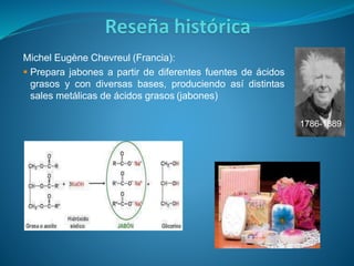 Michel Eugène Chevreul (Francia):
 Prepara jabones a partir de diferentes fuentes de ácidos
grasos y con diversas bases, produciendo así distintas
sales metálicas de ácidos grasos (jabones)
1786-1889
 