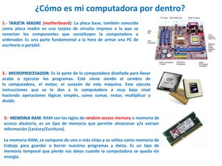 ¿Cómo es mi computadora por dentro? 
1.- TARJETA MADRE (motherboard): La placa base, también conocida 
como placa madre es una tarjeta de circuito impreso a la que se 
conectan los componentes que constituyen la computadora u 
ordenador. Es una parte fundamental a la hora de armar una PC de 
escritorio o portátil. 
2.- MICROPROCESADOR: Es la parte de la computadora diseñada para llevar 
acabo o ejecutar los programas. Este viene siendo el cerebro de 
la computadora, el motor, el corazón de esta máquina. Este ejecuta 
instrucciones que se le dan a la computadora a muy bajo nivel 
haciendo operaciones lógicas simples, como sumar, restar, multiplicar y 
dividir. 
3.- MEMORIA RAM: RAM son las siglas de random access memory o memoria de 
acceso aleatorio, es un tipo de memoria que permite almacenar y/o extraer 
información (Lectura/Escritura). 
La memoria RAM, se compone de uno o más chips y se utiliza como memoria de 
trabajo para guardar o borrar nuestros programas y datos. Es un tipo de 
memoria temporal que pierde sus datos cuando la computadora se queda sin 
energía. 
 