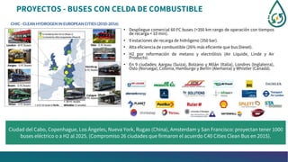 PROYECTOS - BUSES CON CELDA DE COMBUSTIBLE
• Despliegue comercial 60 FC buses (>350 km rango de operación con tiempos
de recarga < 10 min).
• 9 estaciones de recarga de hidrógeno (350 bar).
• Alta eficiencia de combustible (26% más eficiente que bus Diesel).
• H2 por reformación de metano y electrólisis (Air Liquide, Linde y Air
Products).
• En 9 ciudades: Aargau (Suiza), Bolzano y Milán (Italia), Londres (Inglaterra),
Oslo (Noruega), Colonia, Hamburgo y Berlín (Alemania) y Whistler (Canadá).
Ciudad del Cabo, Copenhague, Los Ángeles, Nueva York, Rugao (China), Amsterdam y San Francisco: proyectan tener 1000
buses eléctrico o a H2 al 2025. (Compromiso 26 ciudades que firmaron el acuerdo C40 Cities Clean Bus en 2015).
 