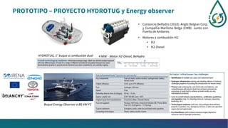 PROTOTIPO – PROYECTO HYDROTUG y Energy observer
• Consorcio BeHydro (2018): Anglo Belgian Corp.
y Compañía Marítima Belga (CMB). Junto con
Puerto de Amberes.
• Motores a combustión H2:
• H2
• H2-Diesel
HYDROTUG, 1° buque a combustión dual 4 MW - Motor H2-Diesel, BeHydro
Buque Energy Observer a 80 kW-FC
 