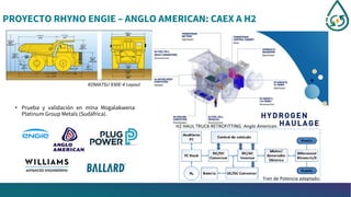 PROYECTO RHYNO ENGIE – ANGLO AMERICAN: CAEX A H2
• Prueba y validación en mina Mogalakwena
Platinum Group Metals (Sudáfrica).
KOMATSU 930E-4 Layout
H2 HAUL TRUCK RETROFITTING. Anglo American.
Tren de Potencia adaptado.
 