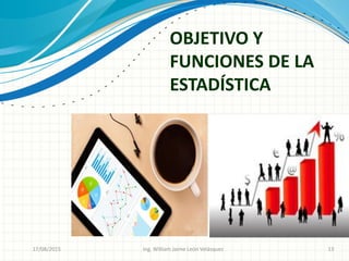 OBJETIVO Y
FUNCIONES DE LA
ESTADÍSTICA
26/08/2015 Ing. William Jaime León Velásquez 13
 